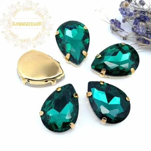Malachite green Water drop shape Glass Crystal sew on rhinestones with GOLD four claw Diy Clothing accessories Free shipping