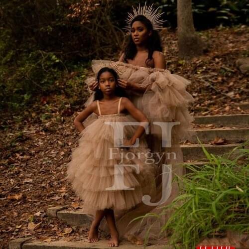 Strapless Champagne Family Matching Clothes for Photograph Mommy and Me Tulle Dress Custom Made Family Party Gowns