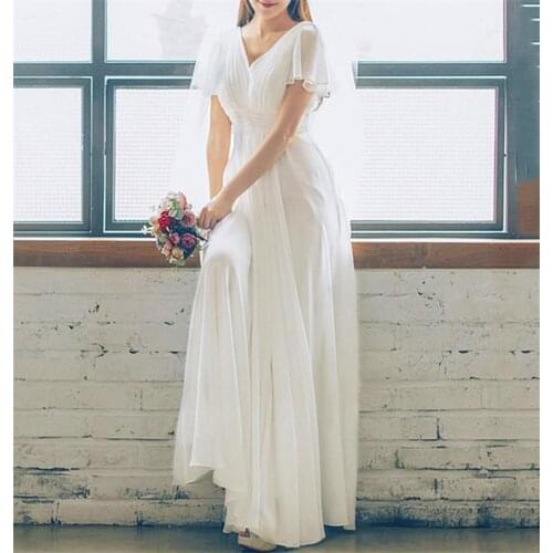 Floor Length Chiffon A-Line Wedding Dress 2021 Korean Simple Elegant V Neck Cap Sleeve Bridal Gowns vestidos de mairee Wedding