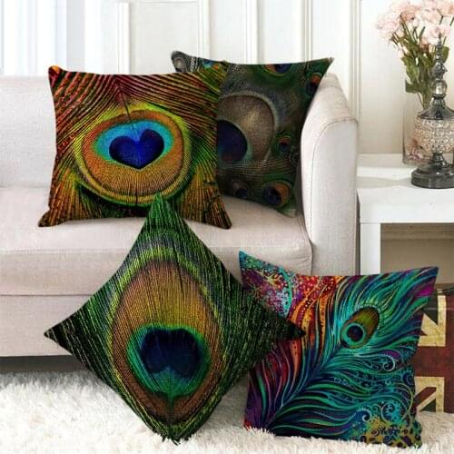 Peacock Feather Pattern Cushion Cover Blue Feather Series Linen Pillowcase Decorative Pillow Covers