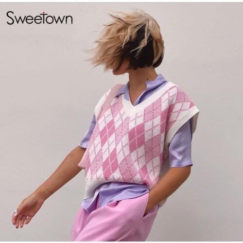 Sweetown Korean Fashion Pink Argyle Plaid Sweet Knitted Sweater Vest Kawaii V Neck Casual Loose Autumn Winter Y2K Jumpers Women