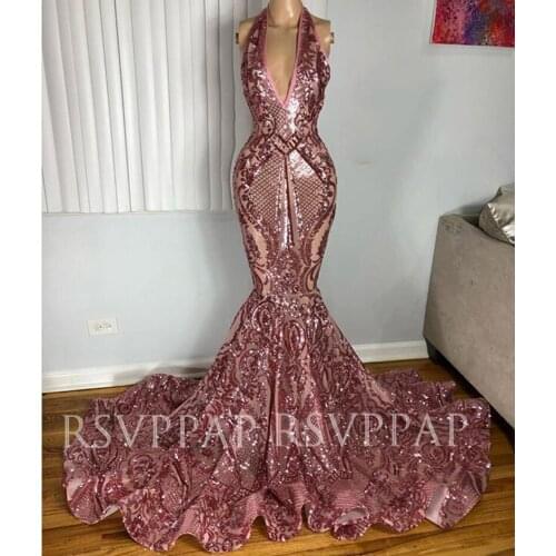 African Black Girl Long Mermaid Prom Dresses 2021 Real Picture Sparkly Sequin Halter Custom Made Pink Prom Dress