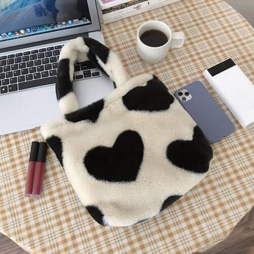 2021 INS Fashion Women Plush Bag Black Heart Print Shoulder Bags Female Underarm Bags Faux Fur Handbag Purses Fluffy Shopper Bag