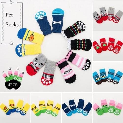 4Pcs/set Cute Dog socks Warm Knitted Sock for Small Dogs Cotton Anti-Slip Shoes For Winter Indoor Wear Slip On Paw Protector