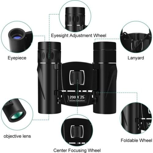 200x25 HD Powerful Binoculars 2000M Long Range Folding Mini Telescope BAK4 FMC Optics For Hunting Sports Outdoor Camping Travel