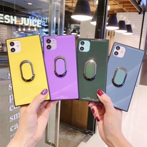 For iphone 11 pro Xs max XR Tempered Glass With Stand Finger Ring Square Phone Case For 6s 7 8 plus Fashion Luxury buckle cover