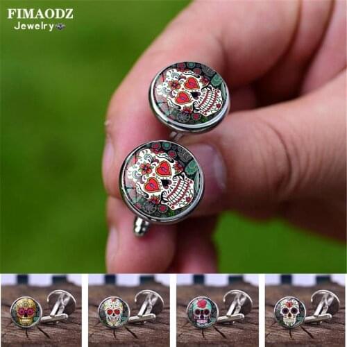 FIMAODZ Fashion Dead Skeleton Cufflinks Mexican Sugar Skull Steampunk Glass Cabochon Cufflink Shirt Halloween Gift Cuff Buttons