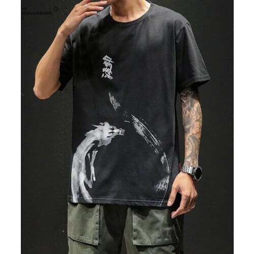 Japanese Style T Shirt Men Funny Anime Print O-Neck Loose Black White Chinese Hip-hop Tshirt Male Summer Streetwear Fashion Tees