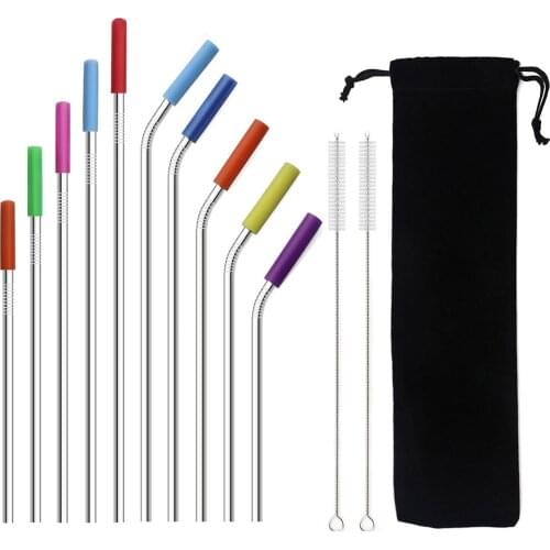 Hot Sale 16/19/21/23/26cm 304 Stainless Steel Reusable Metal Straw Straight/Bent Drinking Straws With Silicone Tips