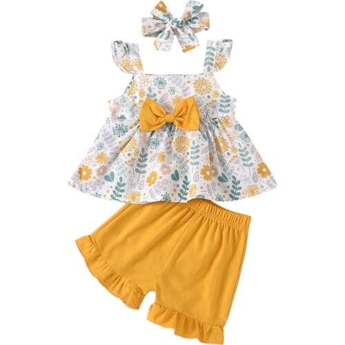 Summer Baby Girls Outfits Infant Floral Straps Tank Top Bowknot Tops+Solid Ruffled Shorts+Headband Three Pieces Girl Sets 0-3Y
