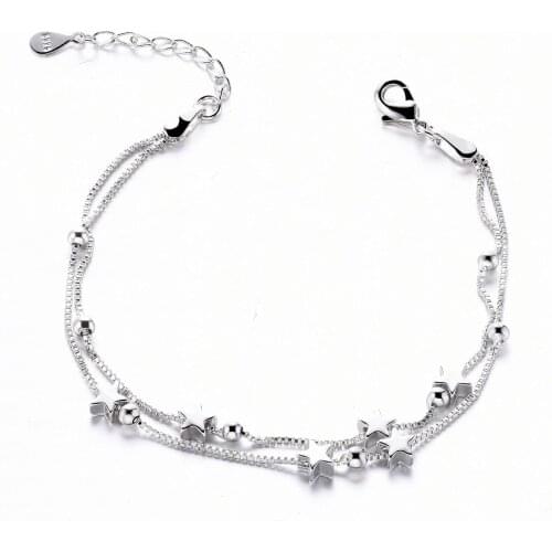 Hot Sale 925 Sterling Silver Lucky Bracelets Cuff Fashion Chain Bangle Double Layer Star Women Ladies Girls Jewelry Gift