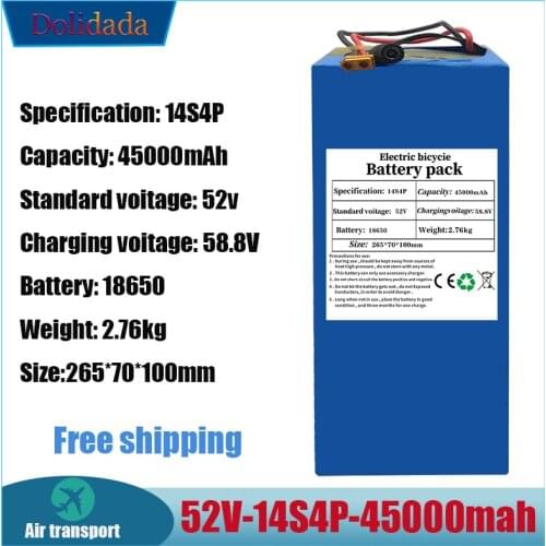 High capacity 52V 14S4P 45000mAh 18650 1000W lithium battery for balance car, electric bicycle, scooter, tricycle