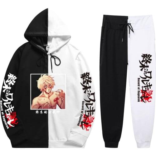 2021 New Summer Autumn Man 2 Pieces Sets Anime Record Of Ragnarok Harajuku Print Cool Soft Patchwork Thin Hoodie+Patchwork Pants