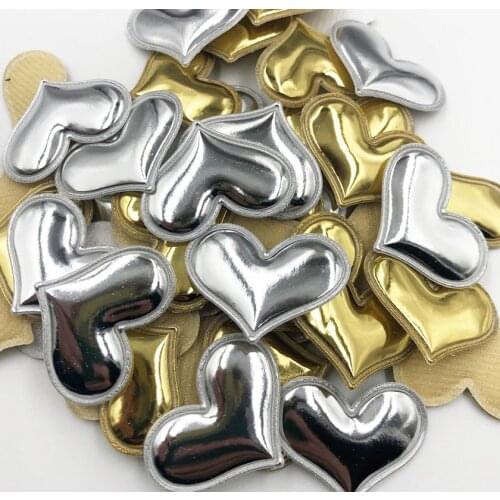 30Pcs Heart Gold/Sliver Padded Patches Appliqued DIY Craft Material Kids Headwear Hair Accessories E352