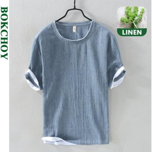 New mens linen loose casual round neck T-shirt Japanese short-sleeved T-shirt solid linen cotton and linen 260