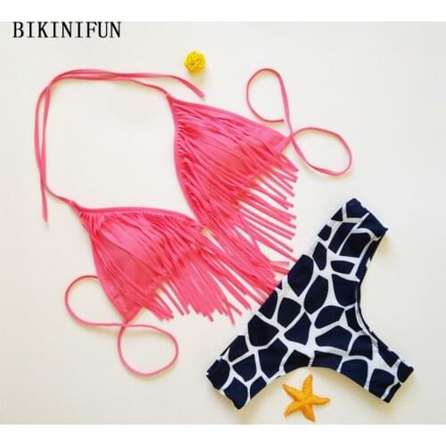 New Sexy Leopard Print Bikini Women Swimsuit Fringe Tassel Bathing Suit S-L Girl Backless Halter Swimwear Micro Bikini Set