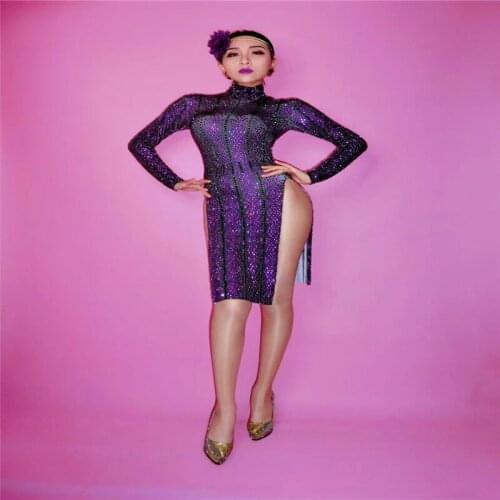 S85 Ballroom dance costumes Rhinestone Dress black purple one piece dresses Stag Party prom stage wears clothe catwalk performan