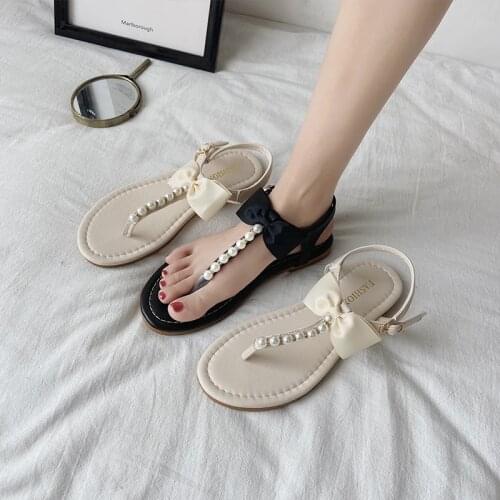 Fairy Sandals Womens Summer 2021 New Joker Fashion Toe Pearl Flat Shoes Pearl Slippers Women Wear