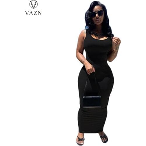VAZN 2021 INS Spaghetti Strap Sleeveless Sexy Joker Solid Young Soft Free Long Dress Elegant Women Dress