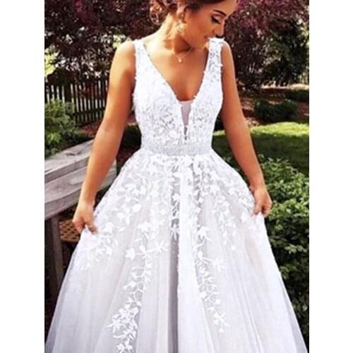 Vestido de noche V Neck A Line Wedding Dresses Length Applique Open Back Sleeveless Light Champagne Floor Backless Bridal Dress