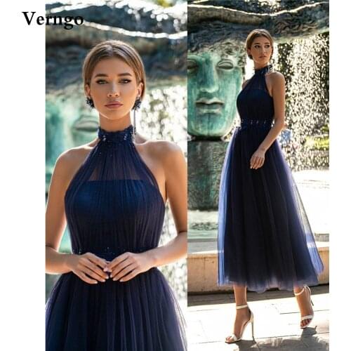 Verngo Vintage Navy Blue Dotted Tulle Prom Dresses High Neck Applique Floral Pearls Ankle Length Mother Formal Party Gowns