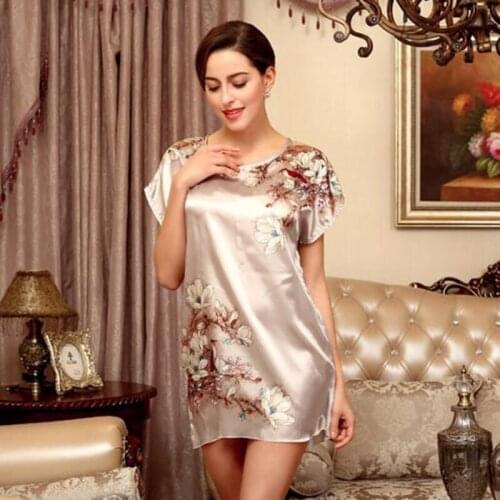 Hot Fashion Soft Comfy Faux Silk Women O-Neck Bird Flower Printed Nightwear Short Sleeve Sleepwear Nightgown Chinese Style