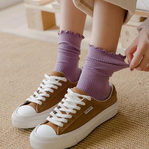 Women Socks Stockings Vertical Stripe Pattern Cute Pure Color Lacework Ladies Pile Socks Japanese Style Cotton