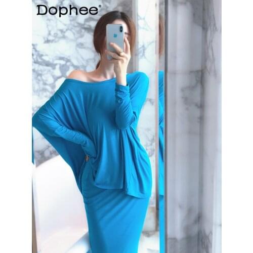 Solid Colour Korean Style Loose Slim Fit Slimming Batwing Sleeves T-shirt Sheath Split High Waist Skirt Two Piece Set for Women