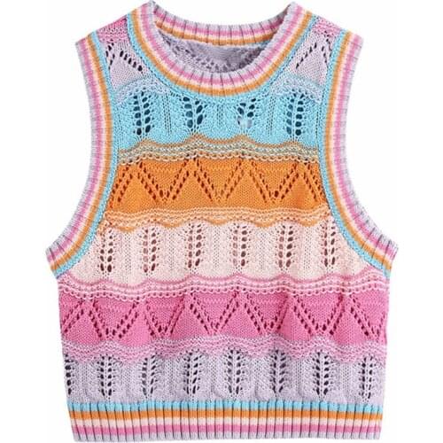 Women Girls Rainbow Striped Knitted Sleeveless Vest Harajuku Hollow Out Crochet Jumper Crop Top Casual Slim Fit Sweater
