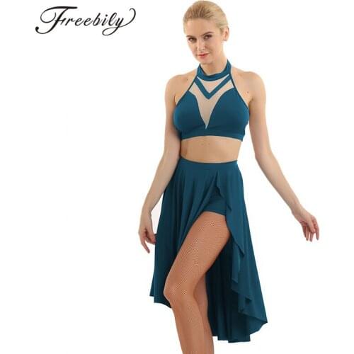 Women ballet Dress leotard Asymmetric Contemporary Lyrical Dance Dress Sleeveless Backless Crop Top with Built In Shorts Skirt
