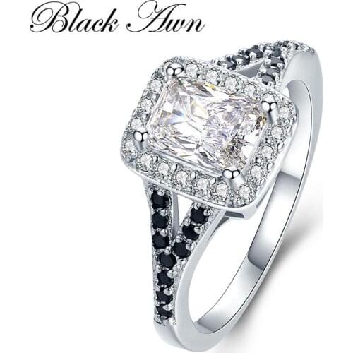 [SODROV] 3.1g 925 Sterling Silver Jewelry Wedding Rings for Women Black&White Engagement Ring Rectangle Zircon Bague C409