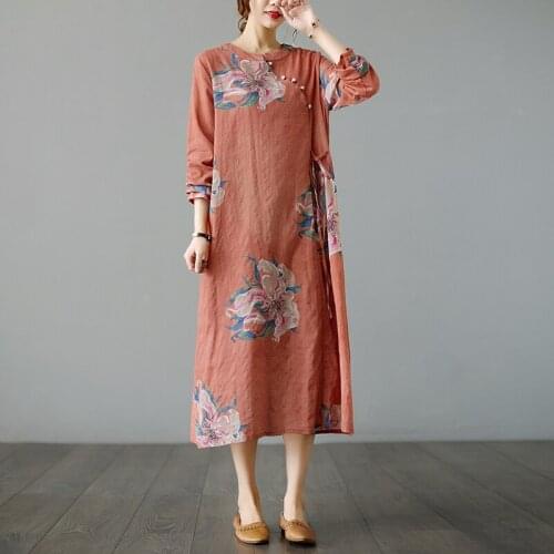 2021 New Arrival Thin Soft Cotton Linen Autumn Dress Print Floral Beading Vintage Chinese Style Dress Women Casual Spring Dress