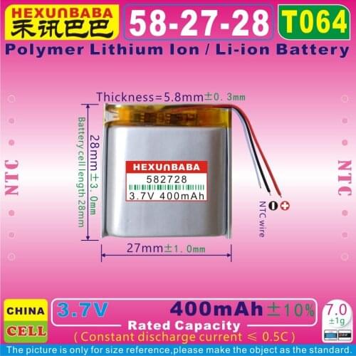 2pcs [T064] 3.7V 400mAh [582728] NTC;THREE 3 WIRE;Polymer lithium ion / Li-ion battery for SMART WATCH,mp4,DVD,SPEAKER,GPS,mp3