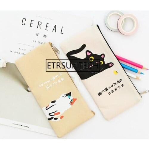 100pcs Cartoon Cat Pencil Case For Women Girls Canvas Pencil Pen Storage Bag Cosmetic Makeup Zipper Bag