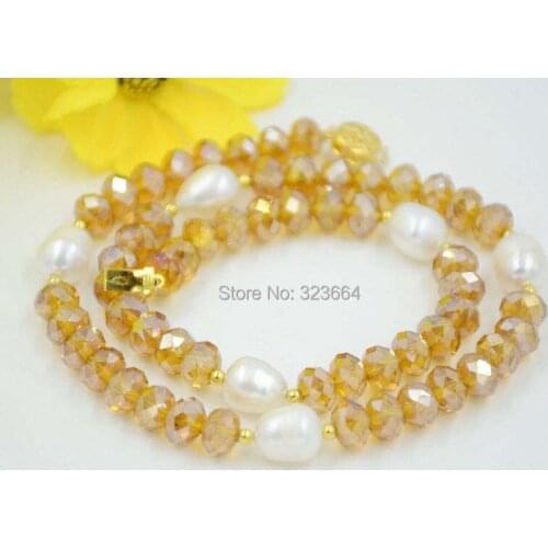 8mm yellow faceted crystal white rice pearl necklace 18inch