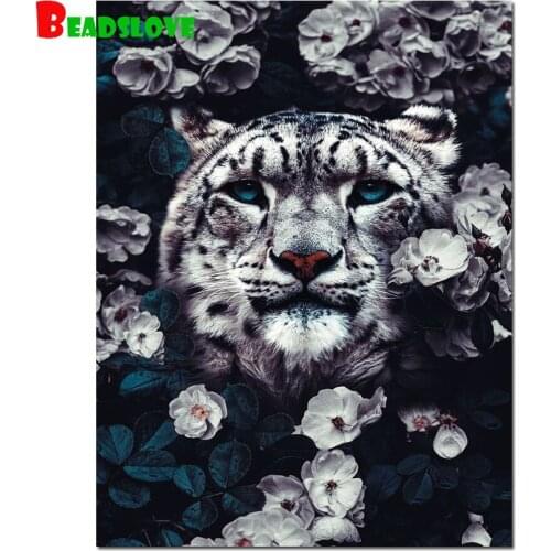 Black white flowers tiger diamond embroidery full square round 5d diy diamond painting cross stitch rhinestone pictures