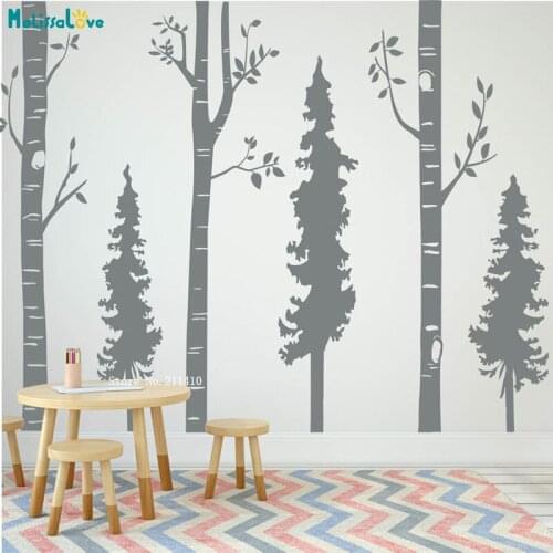 Birch and Pine Trees Wall Decals Choose Your Color Forest Wall Murals for Dorm Bedroom Office Nursery Stickers YT5854