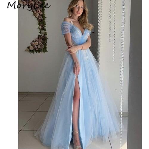 Elegant Evening Dresses V-Neck Soft Tulle A-Line Soft Tulle Lace Evening Dresses With Lace Up Back vestidos de fiesta de noche