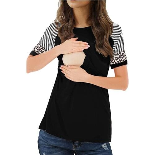 New Pregnant Maternity Clothes Nurse Pregnant Women Maternity Short Sleeve Leopard Striped Nursing T-shirt Top For Breastfeeding