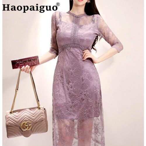 Big Size Contrast Autumn Lace Dress Women Three Quarter Casual Bodycon Dress Women Mesh Patchwork Wrap Midi Ladies Dresses Robe