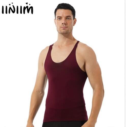 Fashion Mens Solid Color Round Neck Casual Tank Top Sleeveless Slim Fit T-shirt Thin Stretchy Undershirt Fitness Sport Vest Tops