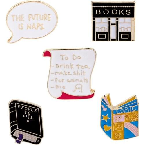 2018 Fashion Jewelry Cartoon Enamel Pin Metal Bookstore Scroll Book Brooch Lapel Pin Men Brooch Hijab Pins Set Small Brooch
