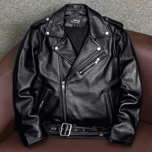 Mens Spring Classical Motorcycle Zipper Jackets Men Leather Jacket Natural Calf Skin Thick Slim Cowhide Moto Jacket Man Coats