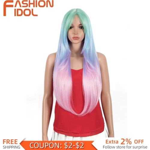 Ombre Pink Wig Anime Lolita Style Long Straight Hair 32 Inches Synthetic Green Wigs Cospaly For White Women FASHION IDOL