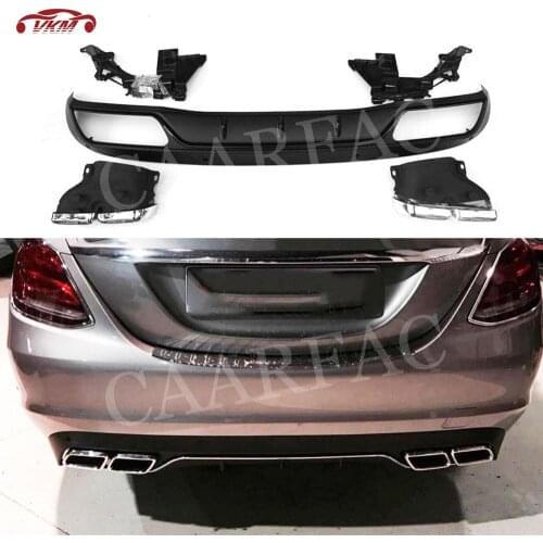 C Class PP Rear Bumper Lip Diffuser with Exhaust Tips for Benz W205 C200 C220 Sedan 4 Door Change to C63 AMG look 15-17 standard
