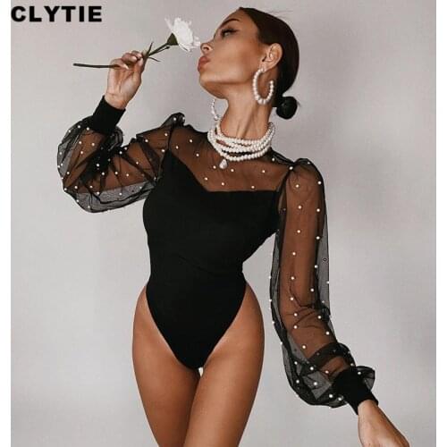 Clytie See Through Sexy Mesh 2021 Bodysuit Women Spring Skinny Home Summer Female Night Club Ladies Black Party Beads Bodysuits
