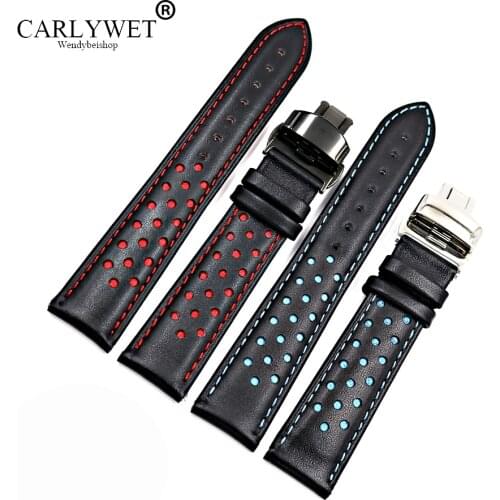 20mm 22mm Real Cowhide Leather Handmade Black Red Blue Replacement Wrist Watch Band Strap Double Push Clasp