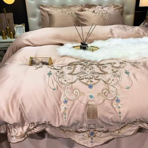 Luxury Champagne Smooth Silk Cotton Gold Embroidery Bedding Set Queen King Duvet Cover Fitted Bed Sheet Pillowcases Home Textile