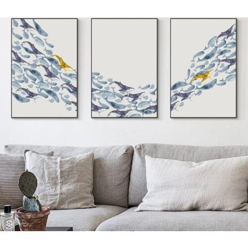 Modern Minimalistic Fantasy Whale Fish School Watercolor Art Picture Canvas Painting Wall Art Picture For Room Decoration