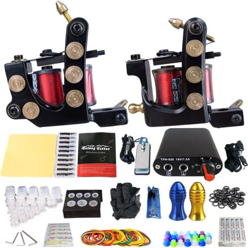 Complete Tattoo Kit 2coil tattoo machine machine for permanent makeup with Power Supply Needle Grips Tips